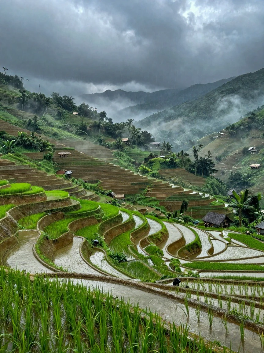 A tranquil rice terrace carved into a mountainside, stretching endlessly during a sudden summer storm