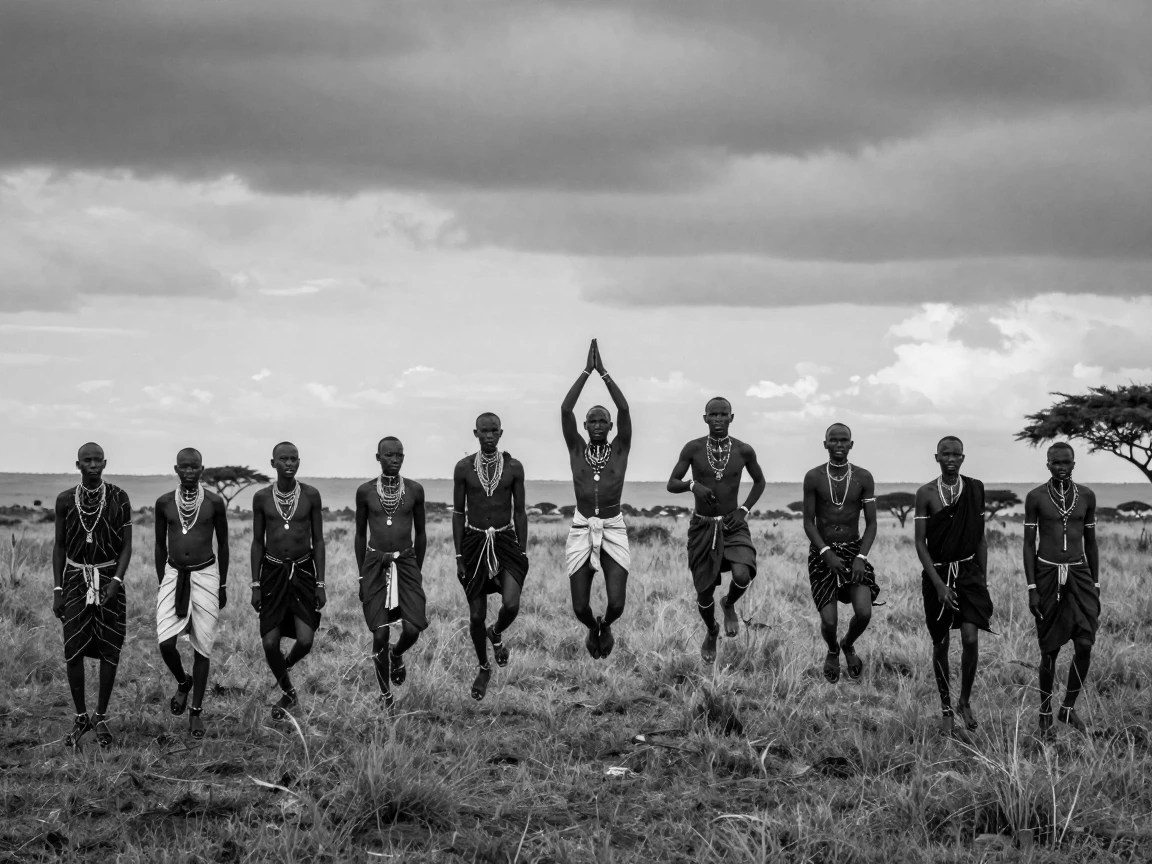 A group of Maasai warriors leap together in a coming-of-age ceremony on the open savanna.