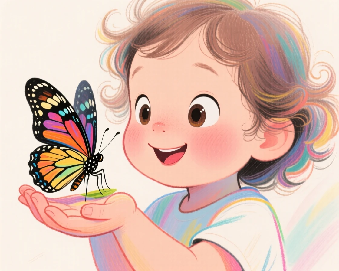 A child gently holding a butterfly that's just landed on her open palm.