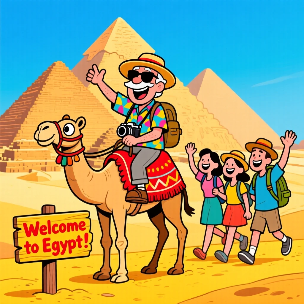 An iconic travel scene featuring an adventurous retiree riding a camel past the pyramids of Egypt, surrounded by cheerful fellow travelers.