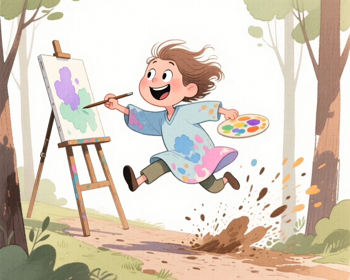 A painter at an easel flying down a forest trail spraying dirt