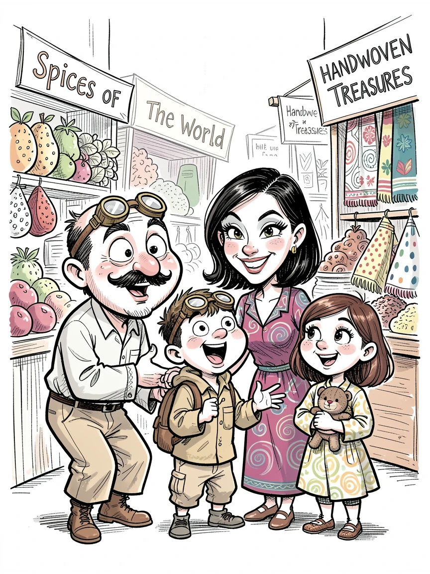 [Travel & Cultural Experiences] Vivid travel scene of a curious family of explorers haggling cheerfully at a bazaar, full of wonder and adventure
