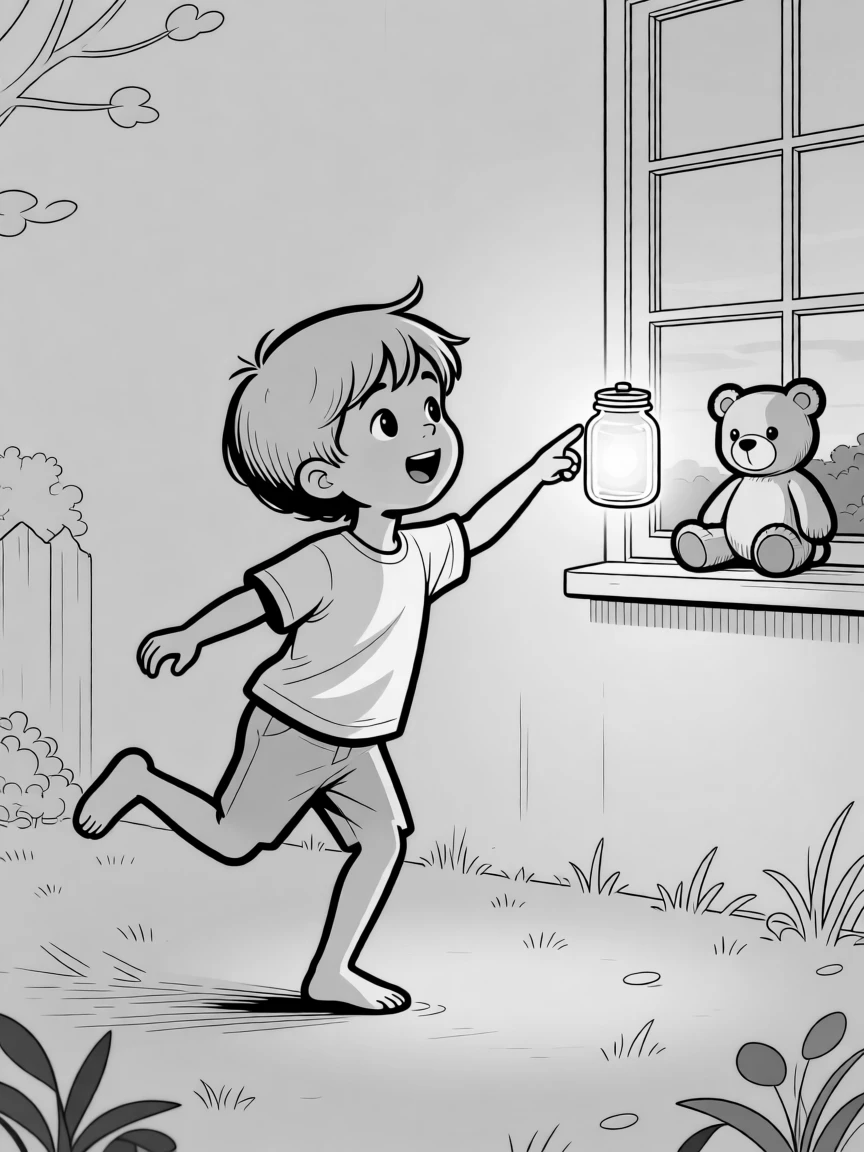 A kid mid-cartwheel that goes slightly sideways, reaching a tentative finger toward the glowing jar, set in a backyard at dusk. A stuffed bear watches from a nearby windowsill. It's a burst of pure, unfiltered childhood joy.