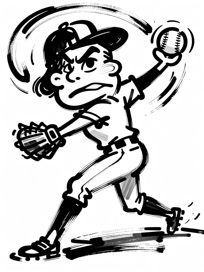 A softball pitcher winding up for a fastball, focused and determined.