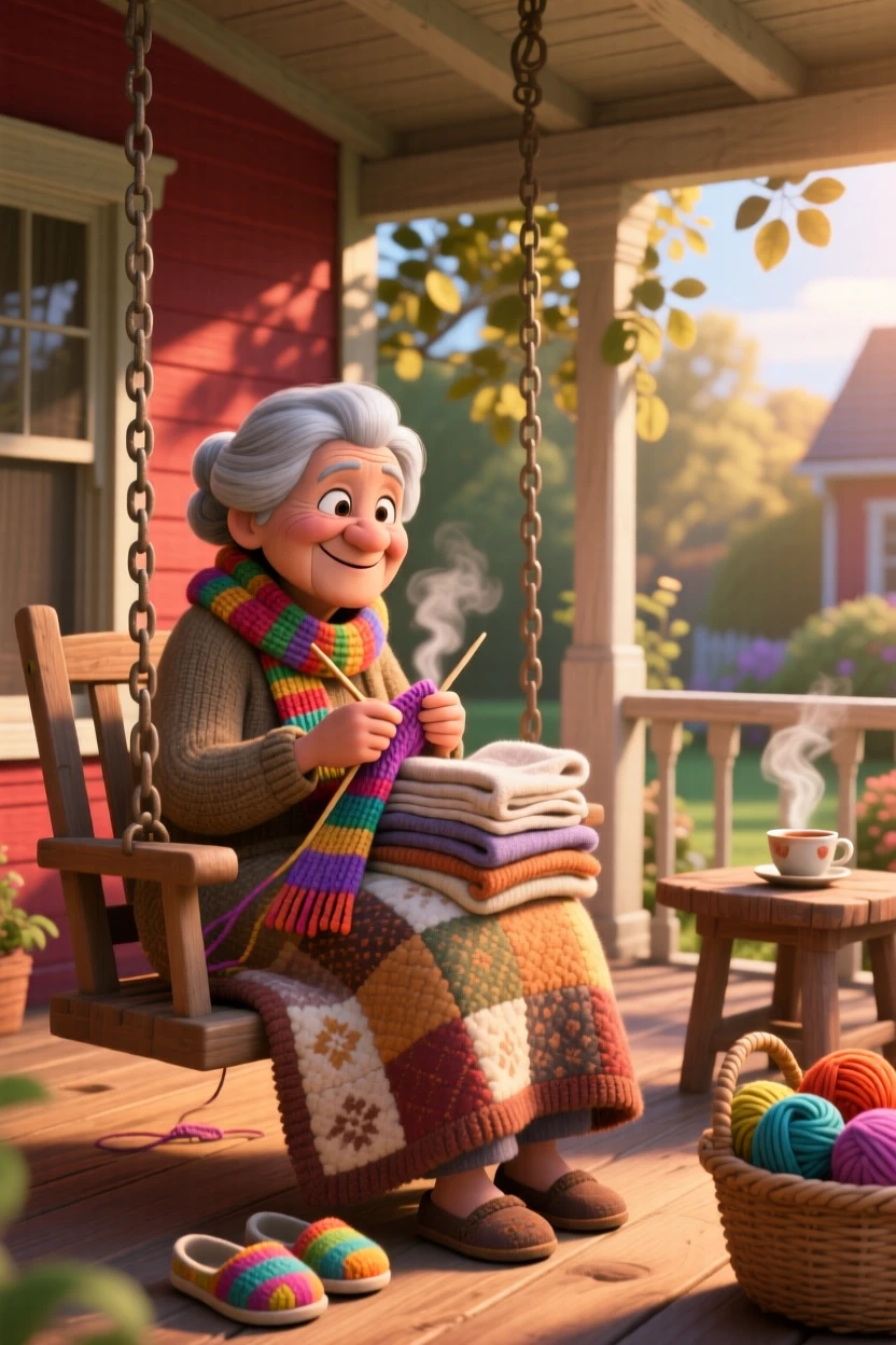 A grandmother knitting quietly sits on a porch swing wrapped in quilts, folding warm laundry fresh from the dryer. The mood is snug, tender, and softly domestic, with warm shadows dancing on the walls.