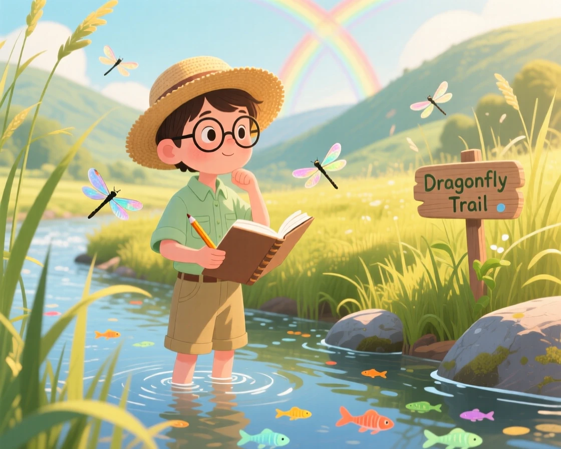 A young botanist with a sketchbook pauses while wading through tall grass chasing dragonflies in a sunlit riverbank, while a rainbow arches faintly over the valley.