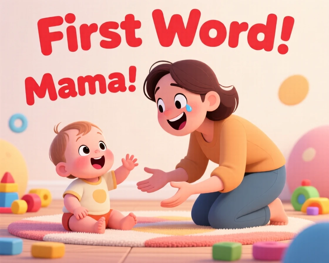 A toddler saying their first word to a delighted parent.