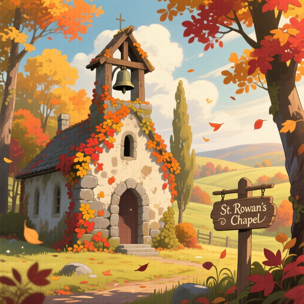 A countryside chapel with a weathered bell tower, with ivy climbing up the side of an old stone wall, on a crisp autumn morning.