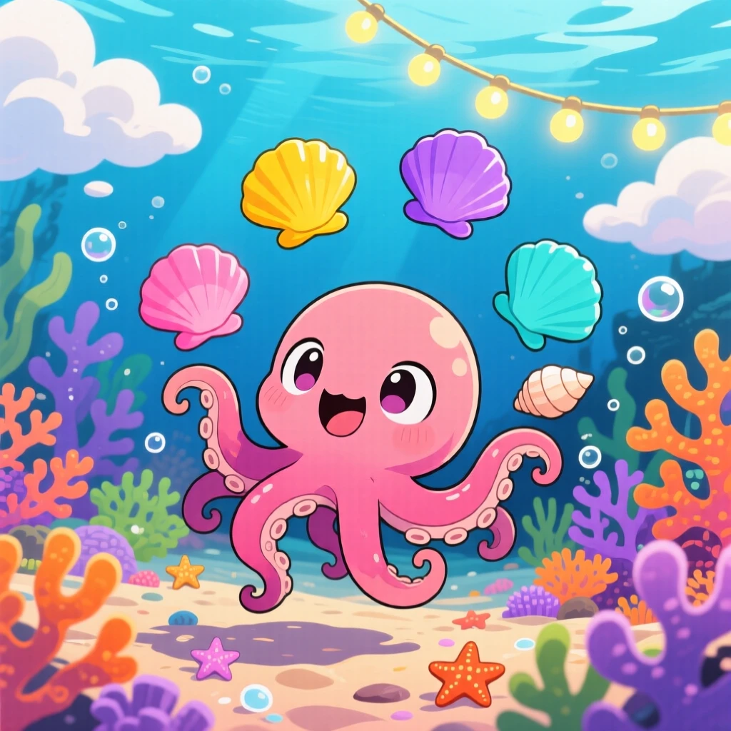 A curious octopus juggling colorful shells in a coral garden seabed beneath fluffy drifting clouds; glowing string lights washes over the scene as curious excitement fills the moment. Dynamic diagonal composition.