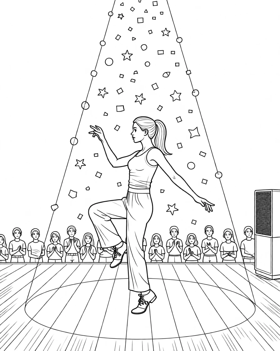 A tap dancer mid-step on a spotlighted stage, with confetti falling through the air.