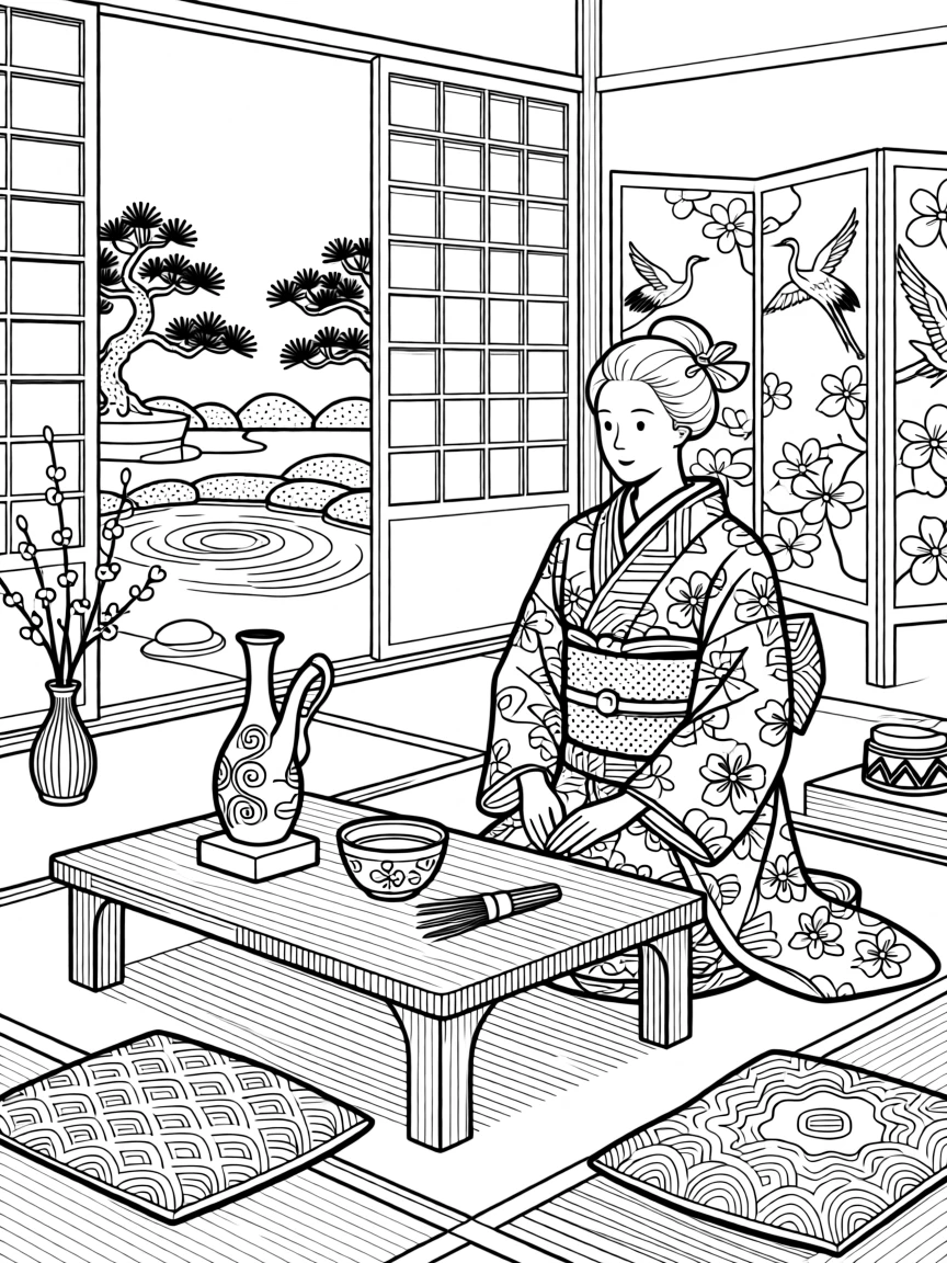A traditional tea ceremony scene with a kimono-clad host.