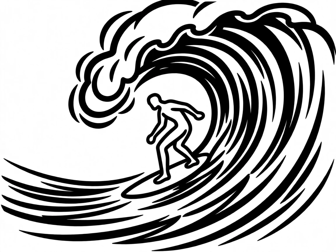 A surfer riding the curl of a massive turquoise wave.