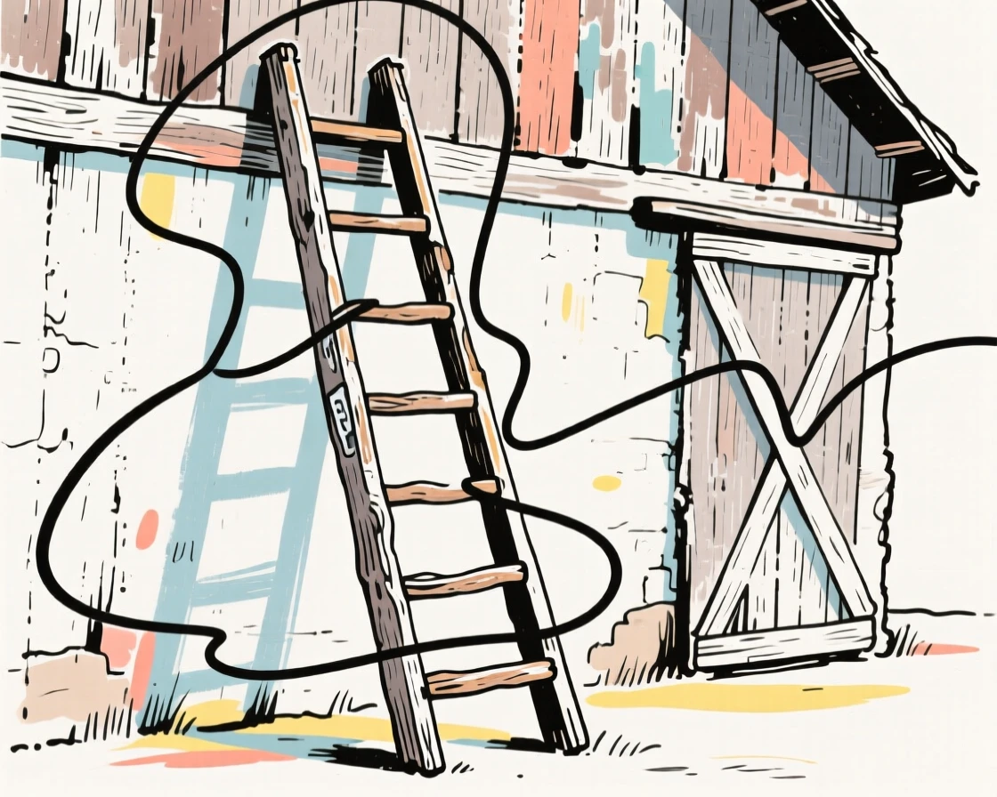 An old wooden ladder leaning against a rustic barn wall.