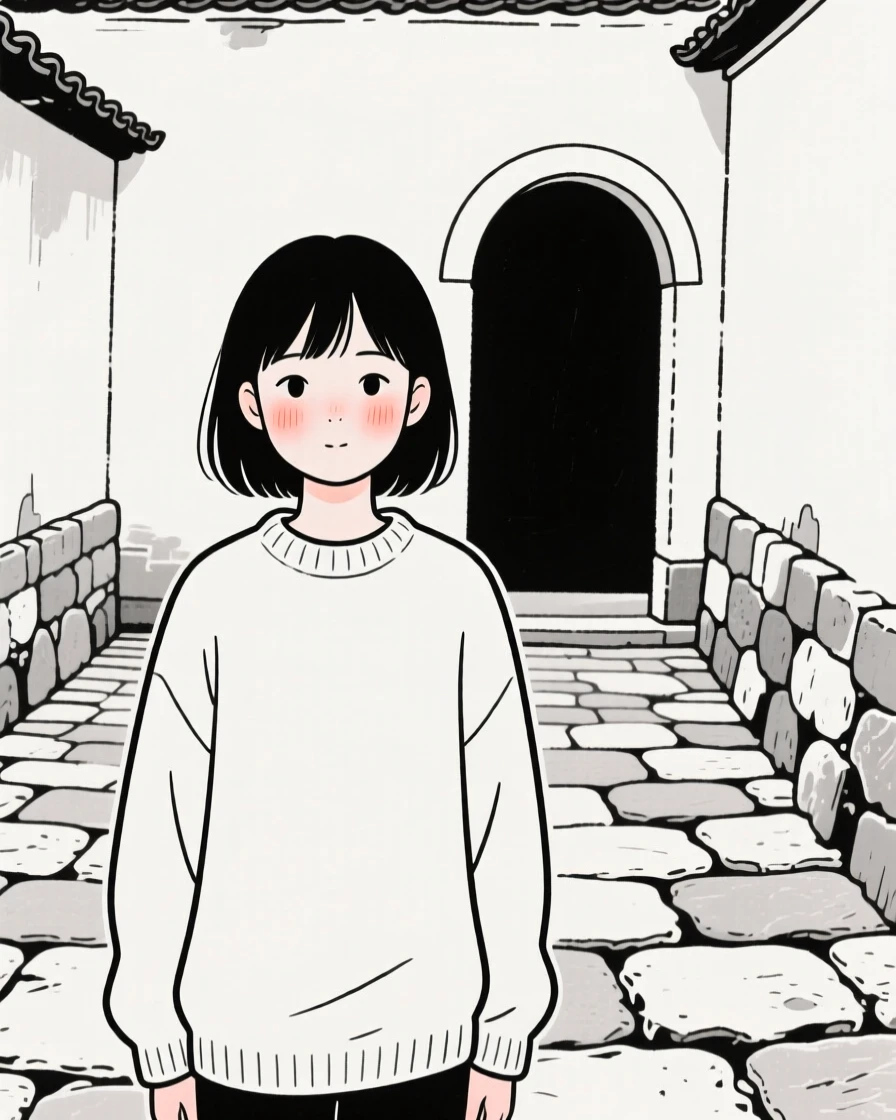 A teenage girl of Japanese heritage in a cozy oversized sweater, radiating quiet confidence, in an old stone courtyard.