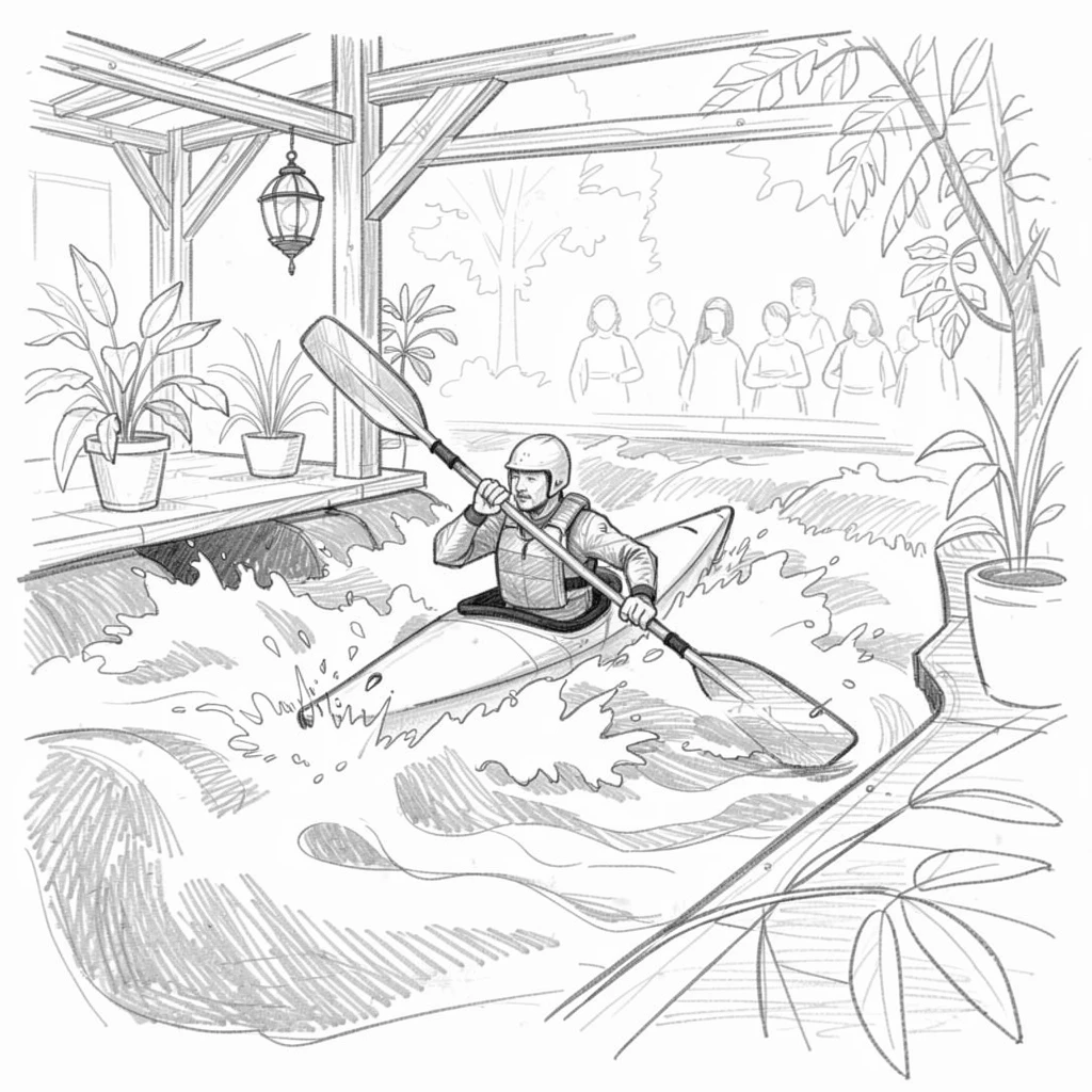 A kayaker paddling through churning rapids, in a peaceful garden studio, with the crowd blurred in the background.