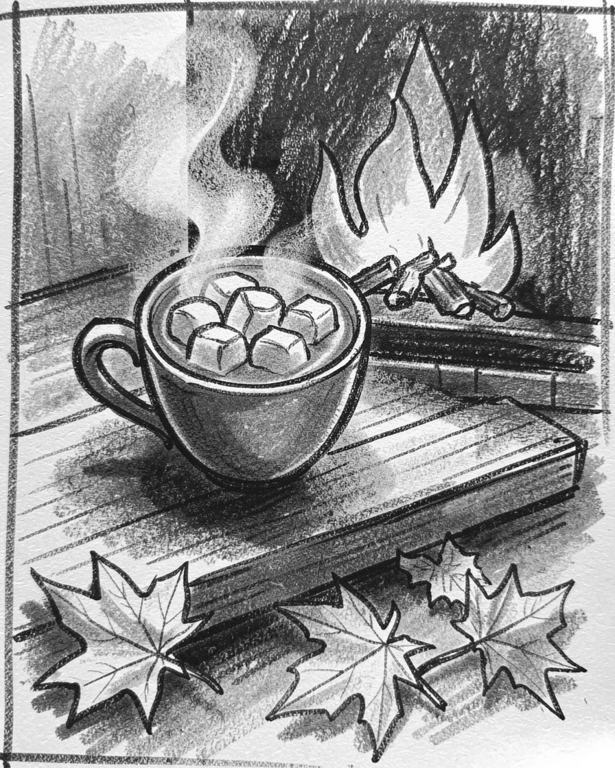 A cup of hot cocoa with marshmallows beside a fireplace, with autumn leaves scattered underfoot.