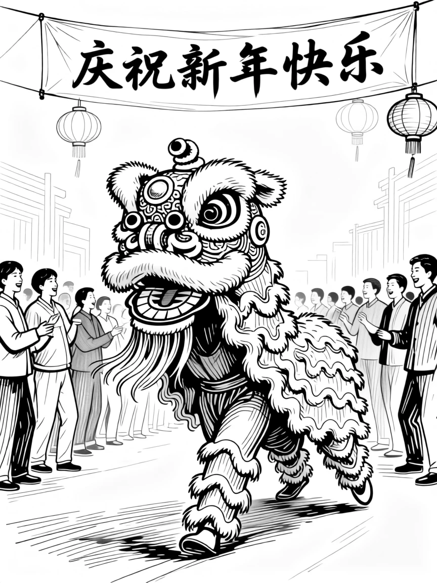A vibrant Chinese New Year parade with a dancing lion winding through the crowd.