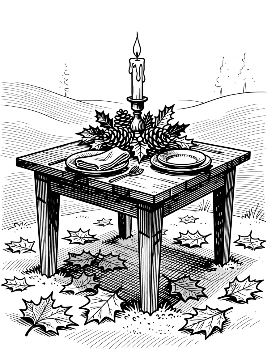 A candlelit table set for a winter celebration as morning frost coats the ground, with the rich texture of fallen leaves underfoot, capturing a full of holiday spirit seasonal moment.