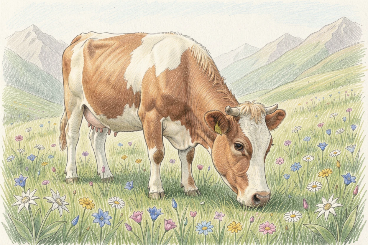A gentle cow grazing in a flower-dotted alpine meadow, captured in a quiet, intimate moment full of atmosphere, radiating comfort, joy, and quiet beauty.