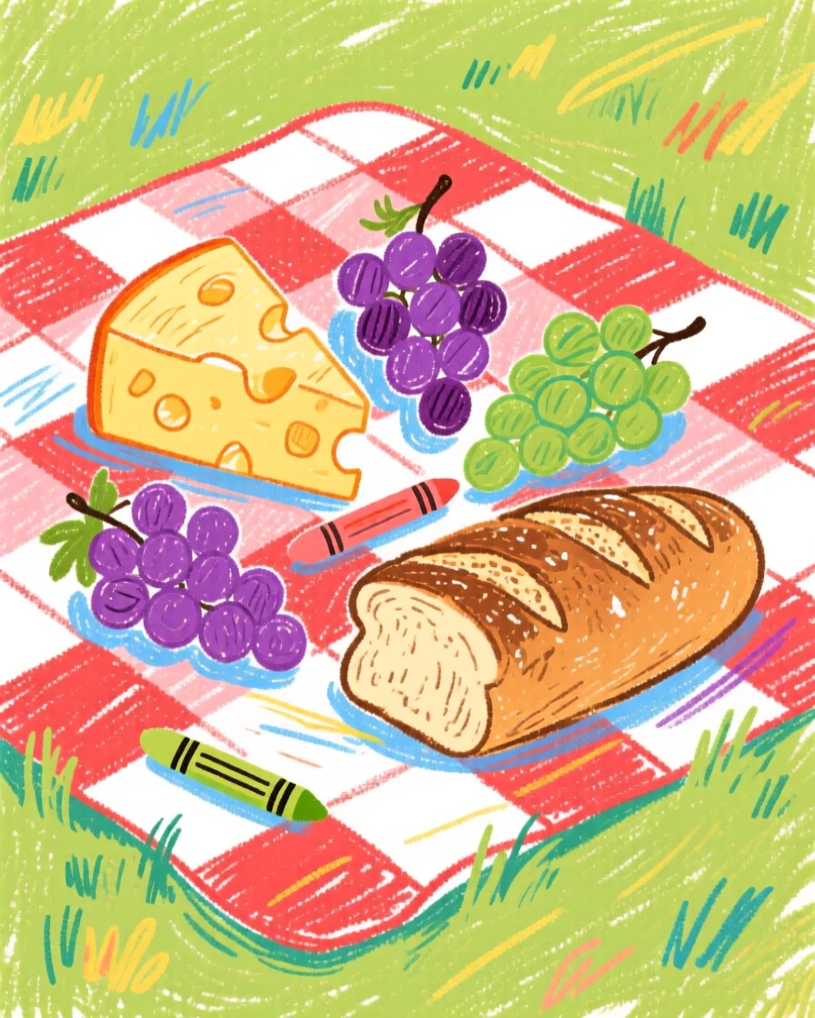 A picnic spread of cheese, grapes, and crusty bread on a blanket.