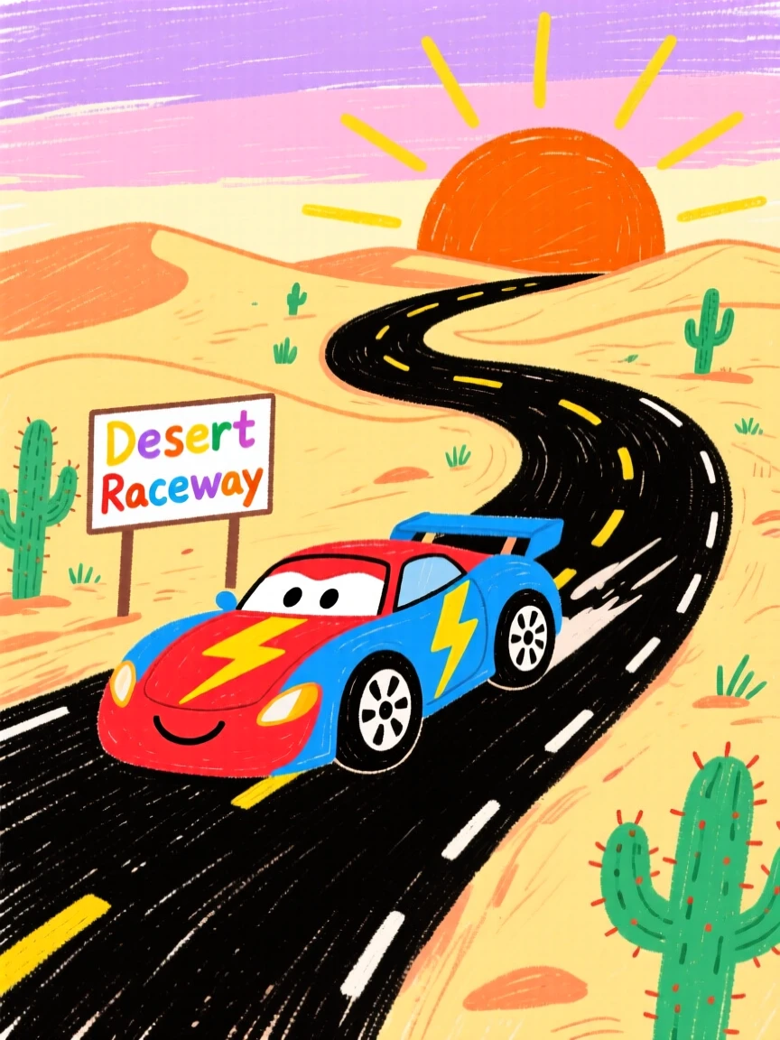 A sleek race car racing along a desert highway at sunrise.