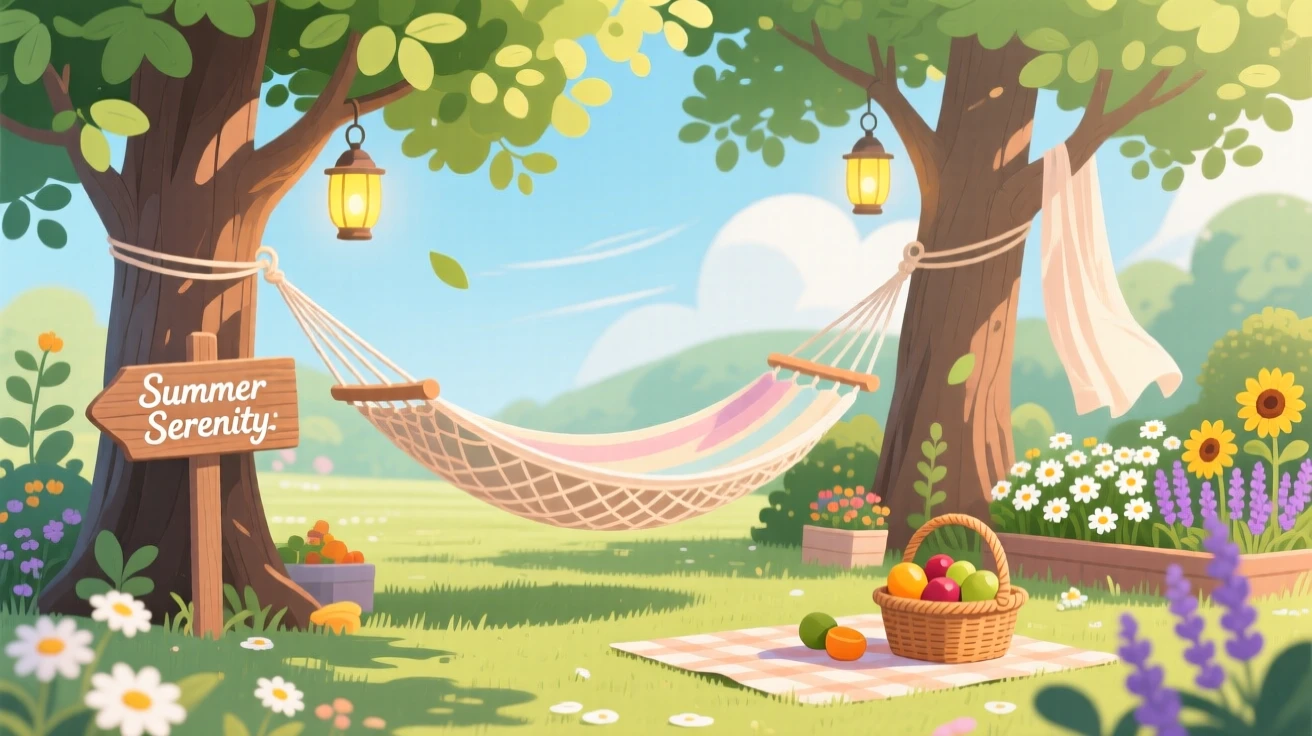 A summer garden hammock swaying gently between two trees, set within a cozy, seasonally decorated space, arranged with a nostalgic, seasonal storybook quality, with a fresh, crisp atmosphere throughout.