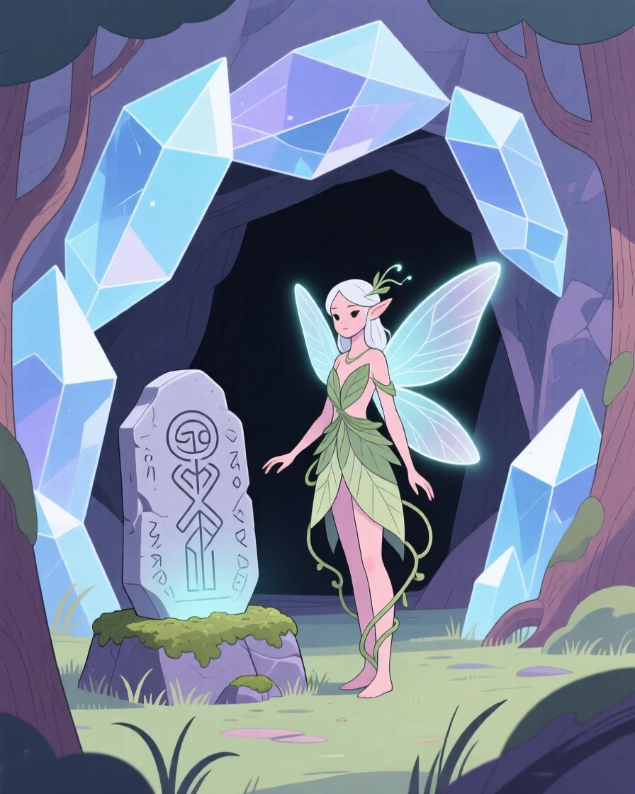 A forest fairy guarding an ancient relic near a crystal cave.