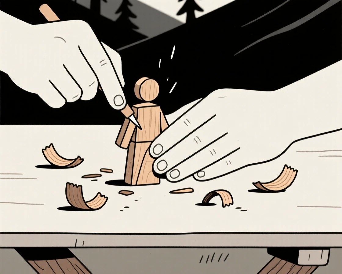 A close view of hands carving a wooden figure near wood shavings in a mountain campsite, full of peaceful absorption.