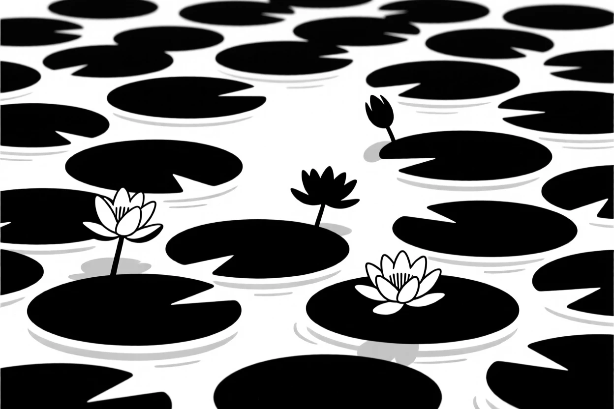 A tranquil pond covered in lily pads.
