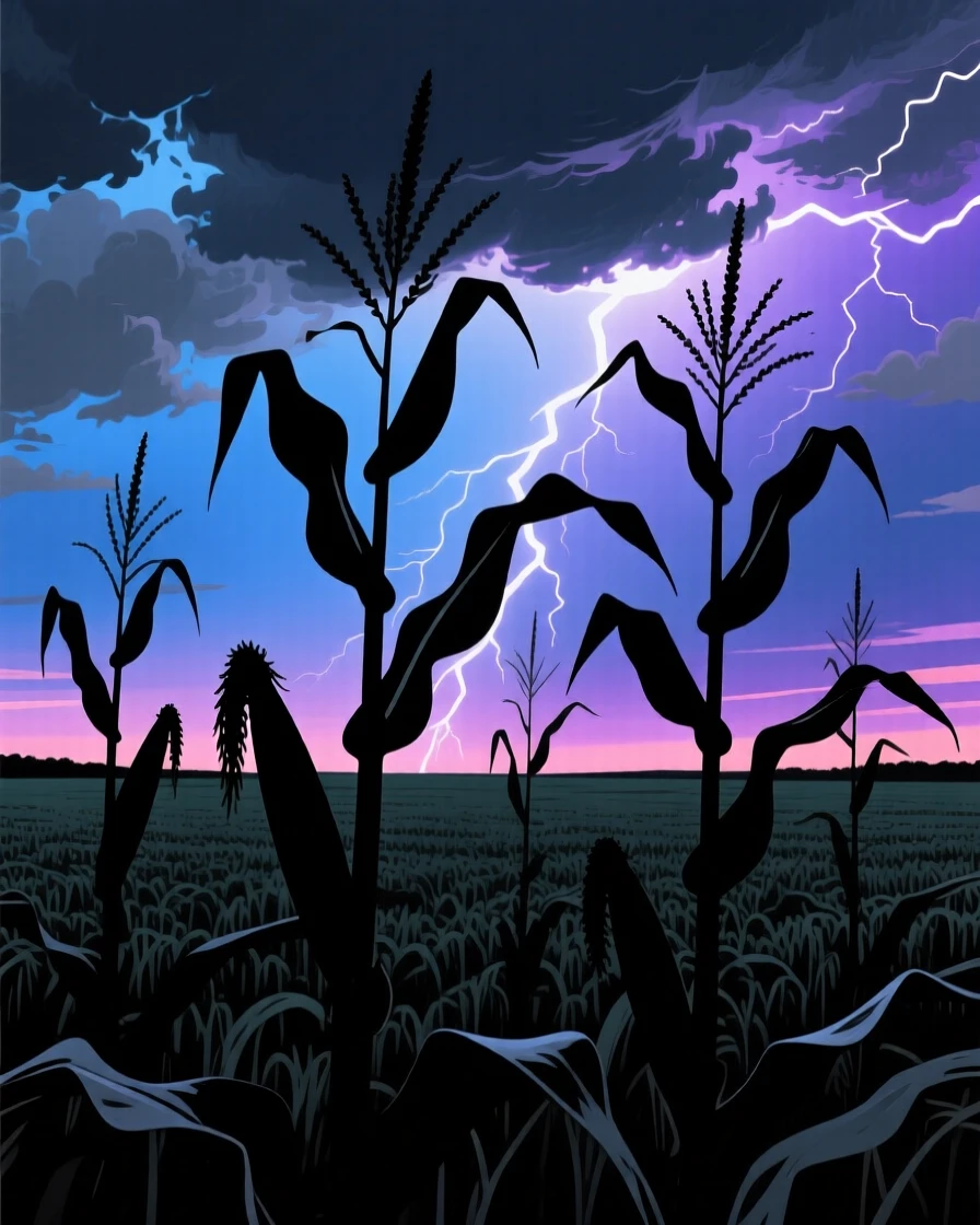 A wide field of cornstalks rustling under a darkening storm sky.