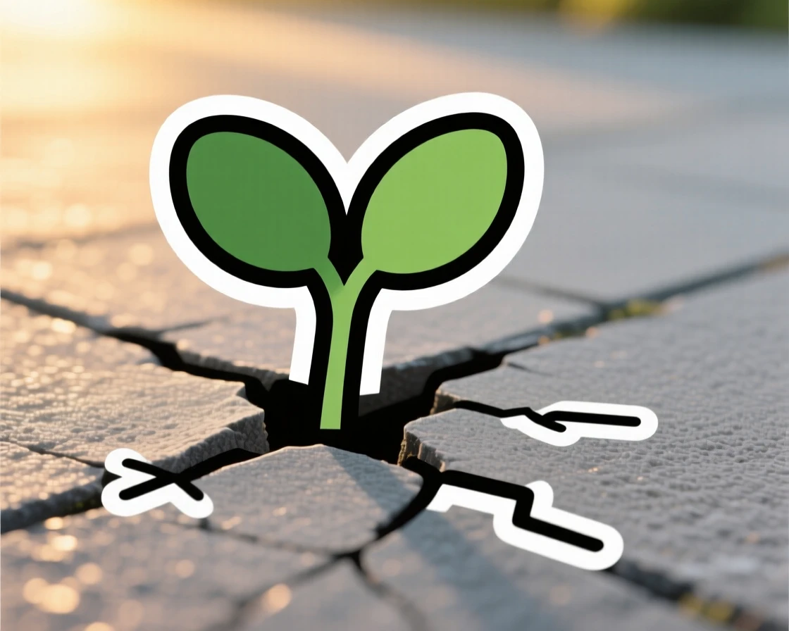 A deeply peaceful scene of a small sprout growing through a crack in the pavement, bathed in warm golden light, representing a new beginning.