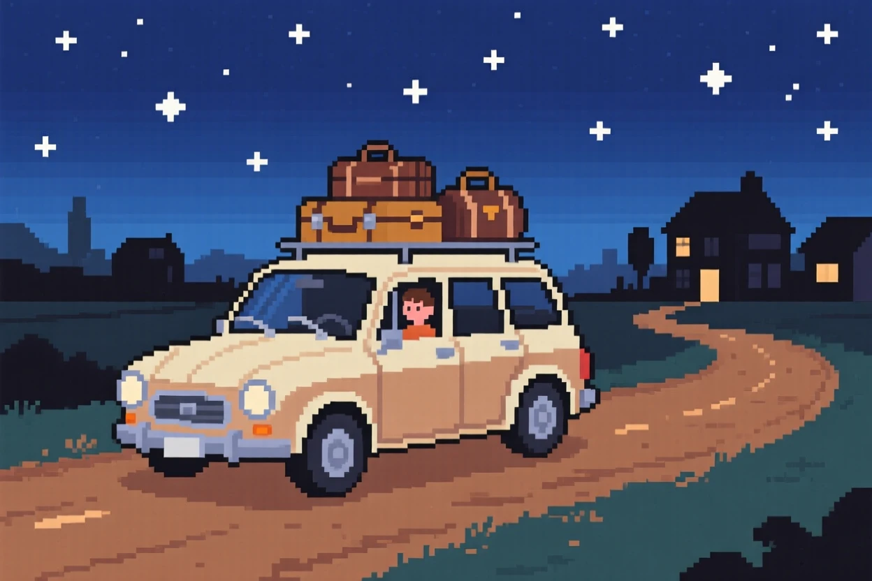 A family road trip car packed with luggage set against a sky full of stars, along a dirt road leading out of town.