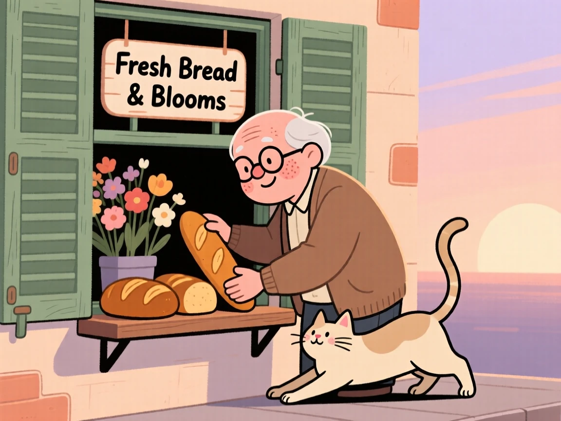 A elderly tailor opens the shutters of a small flower shop at dawn, arranging warm loaves of bread in the window as a cat stretches on the doorstep.