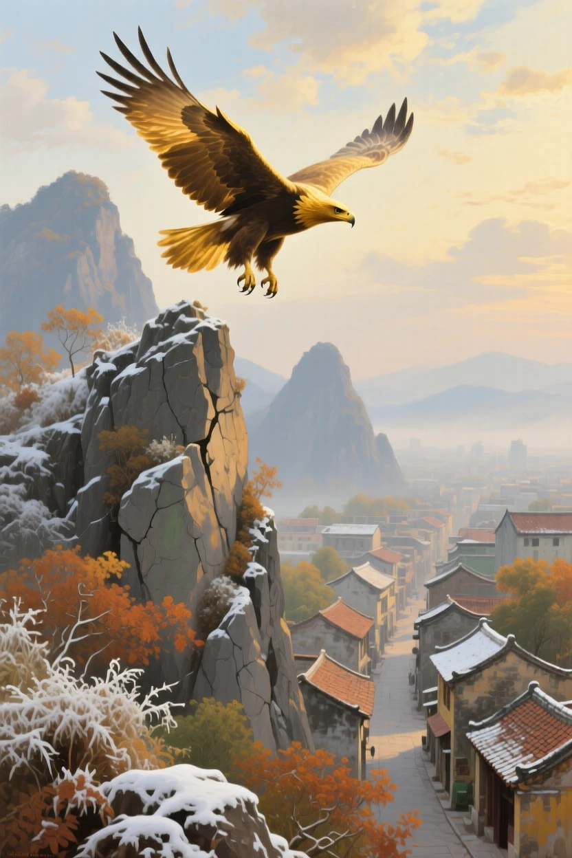 An expansive vista of a golden eagle soaring above a rugged mountain ridge, in old Hanoi, during the first frost of autumn.
