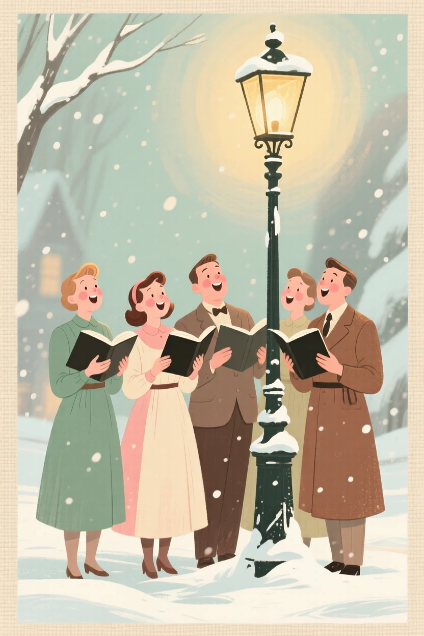 A group of carolers singing beside a snow-covered lamppost