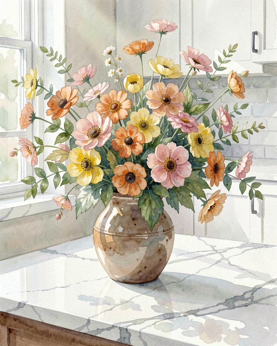 A table centerpiece of mixed seasonal flowers on a marble kitchen counter.