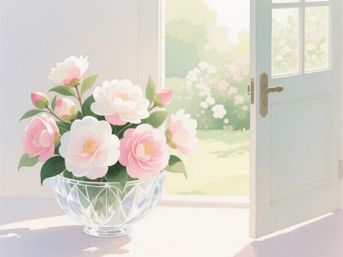 A bouquet of camellias in soft, layered tones fills a delicate crystal bowl beside an open garden door, petals catching the gentle light