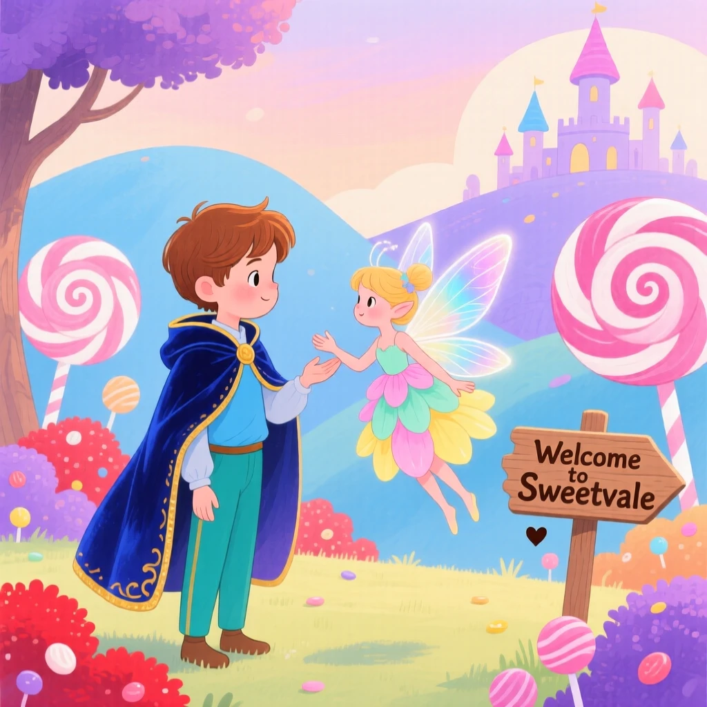 A young prince in a velvet cloak meeting a tiny fairy with glowing wings in a candy-colored kingdom.