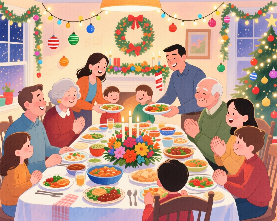A big family gathered for a holiday dinner passing dishes around the table, in a festively decorated dining room, with hands clasped together tightly, gratitude and warmth of togetherness.