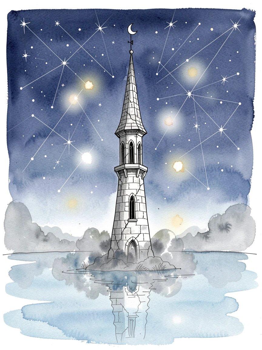 A wizard's tower rising from a misty lake under a sky full of stars, stars or glowing motes drifting gently through the air.