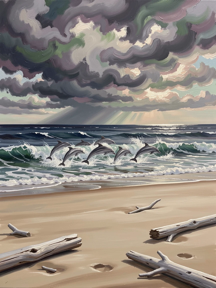 Under a dramatic sky with storm clouds rolling in over the sea, a wide, empty sandy beach, beside a scattering of smooth driftwood, a pod of dolphins leaping just beyond the breakers.