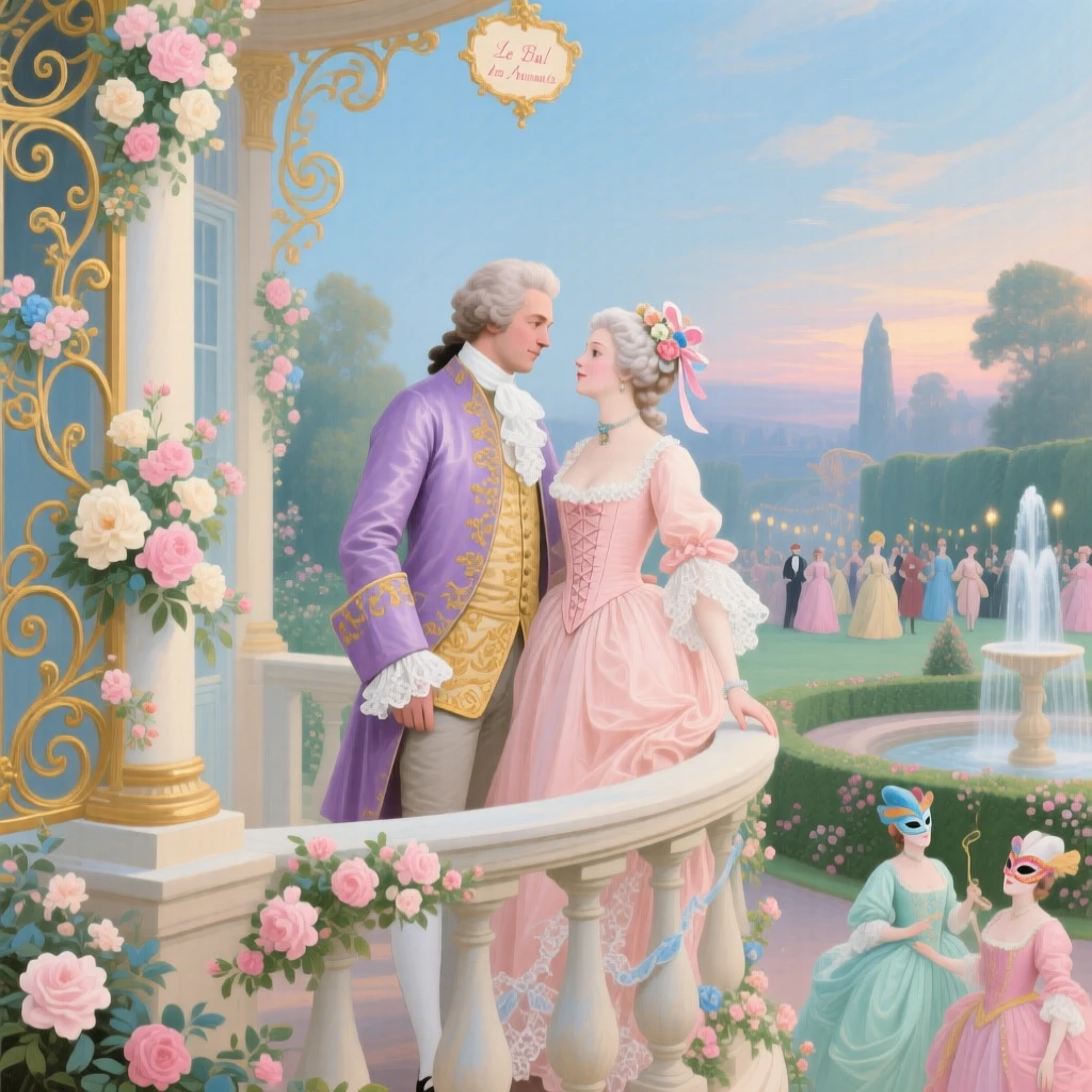 A pair of lovers on a balcony overlooking a grand masquerade below  