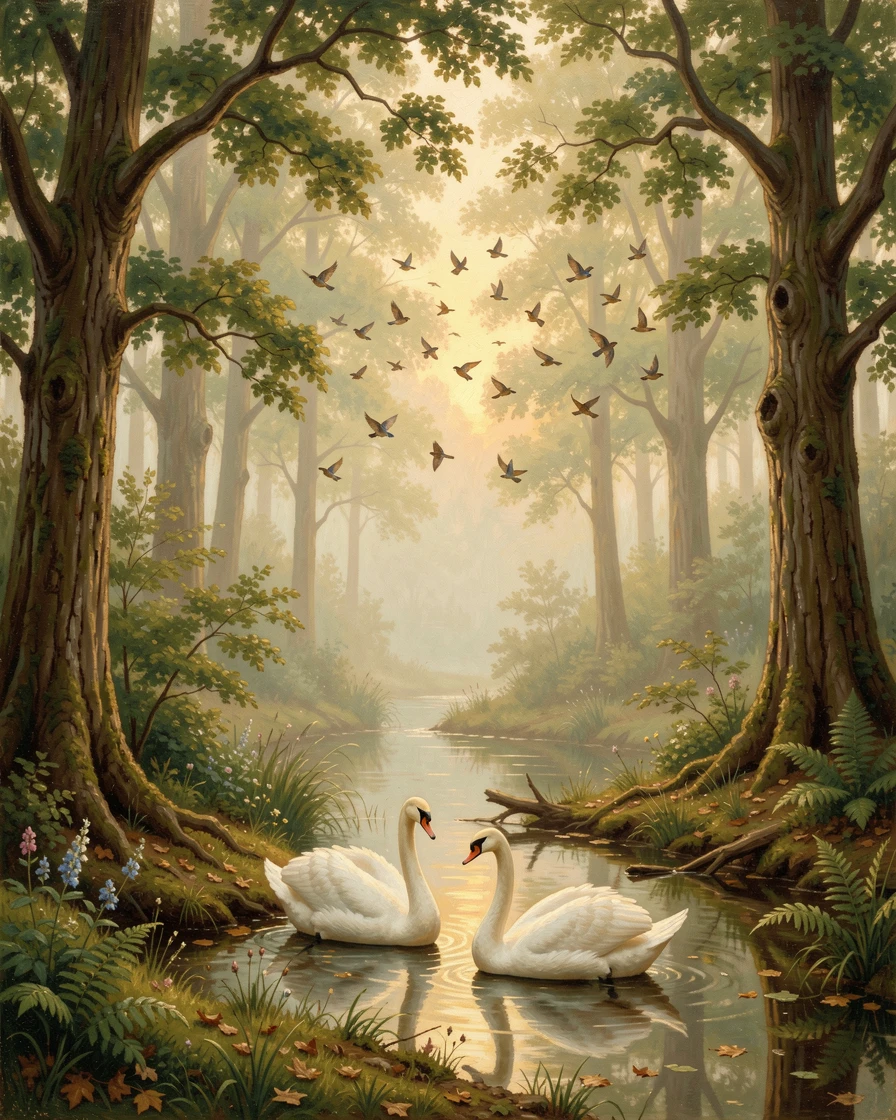 A pair of swans gathers at a misty forest clearing as birds scatter overhead.