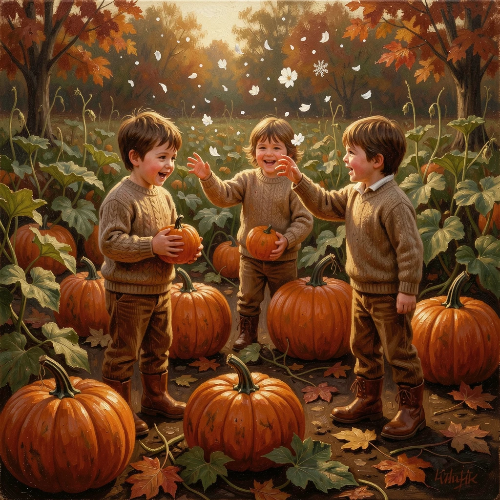 A pumpkin patch bathed in golden autumn light with children exploring, as soft snow or flower petals drift gently through the air, offering a joyful, memorable seasonal scene for any collection