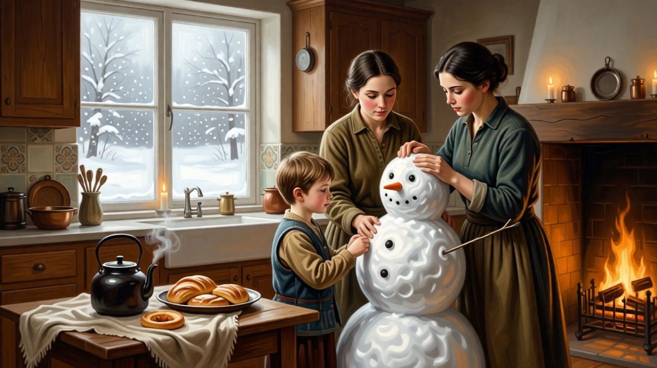 A young family building a snowman together in a fresh snowfall at the exact instant a memory is quietly being made, set within a warmly lit kitchen filled with the smell of baking, with worn, familiar surroundings that speak of years shared together; a soft, blurred background keeps the emotional connection in sharp focus, radiating warmth, comfort, and belonging.