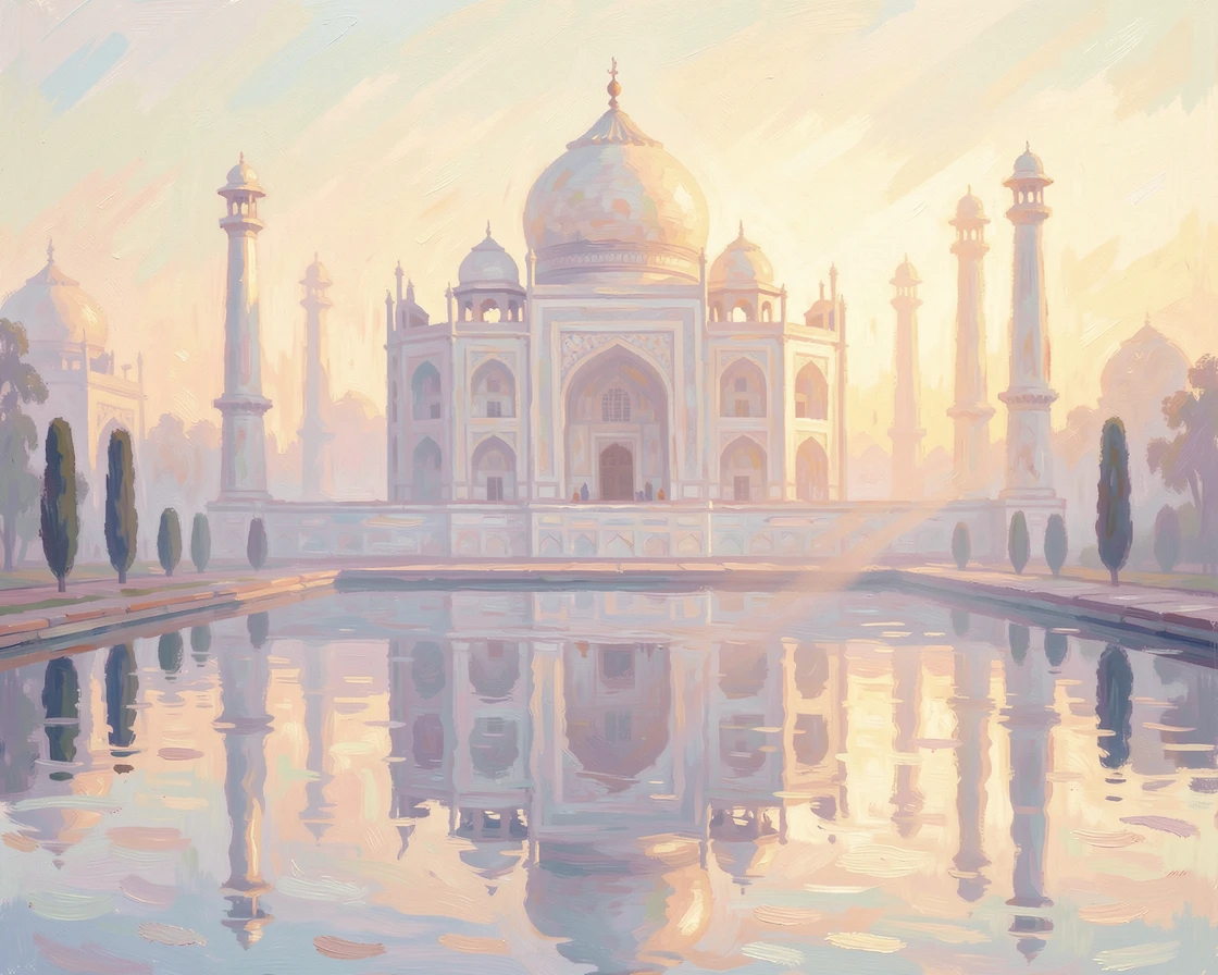 The Taj Mahal reflected in a still pool at sunrise, mist rising gently around the white marble domes, at golden sunrise, radiating serenity and gentle stillness.