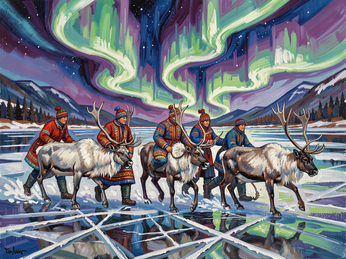 Traditional Sami reindeer herders crossing a frozen lake beneath the northern lights.