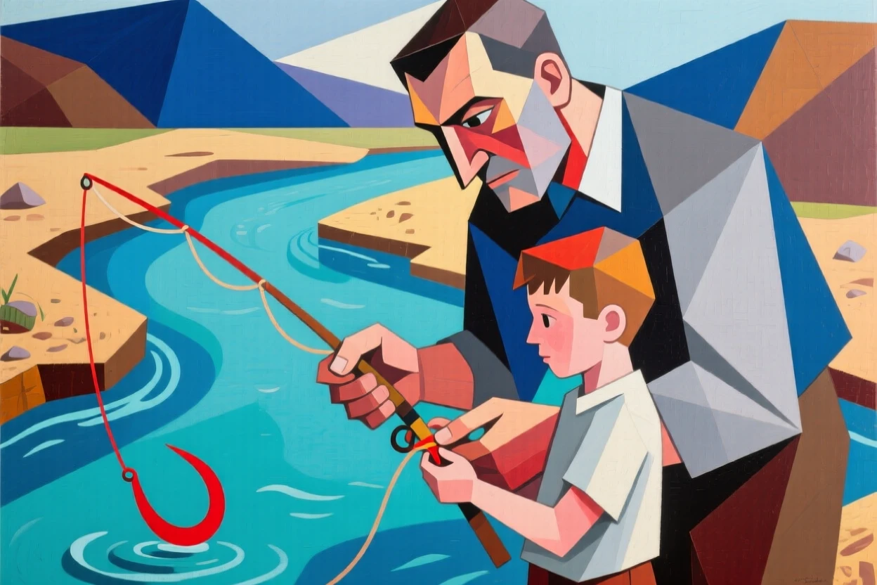 A father teaching his son to tie a fishing lure beside a quiet stream.