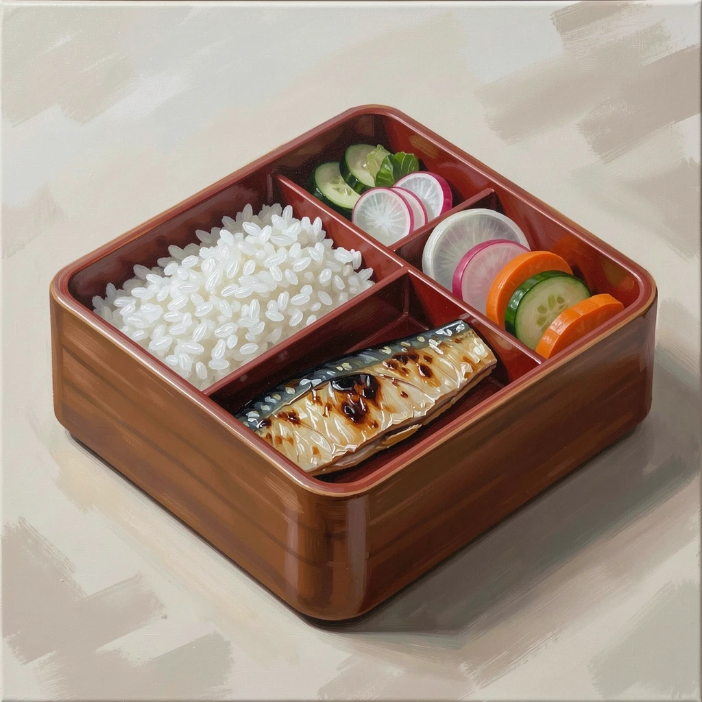 A traditional Japanese bento box shows perfectly arranged rice, grilled fish, and pickled vegetables in neat compartments, the composition inviting the viewer to imagine the aroma and flavor of the moment.