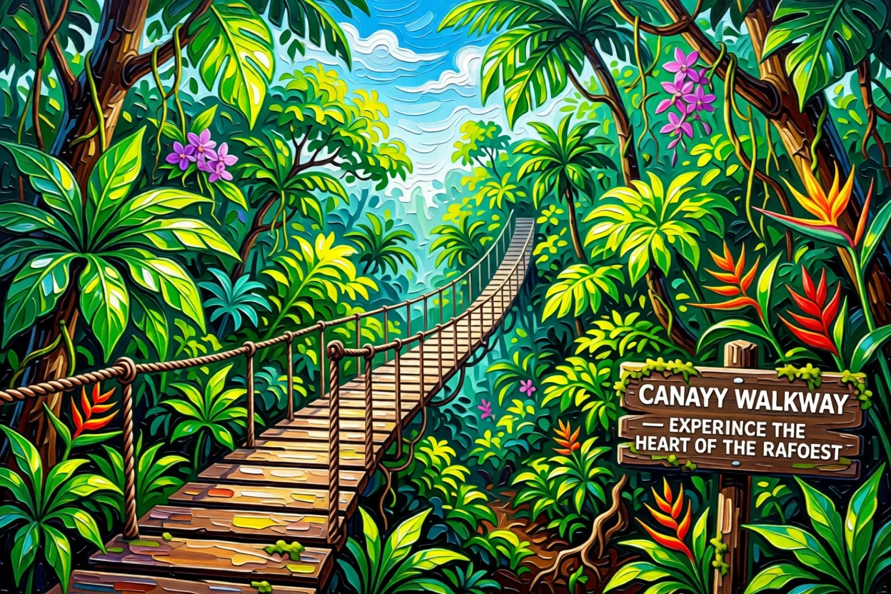 A tropical rainforest canopy walkway suspended high above a lush green valley